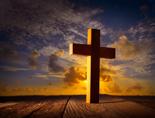 Cruz Madeira Cristã Céu Por Sol Feito Madeira — Fotografia de Stock