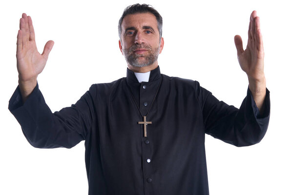 Priest open arms blessing praying God gesture isolated