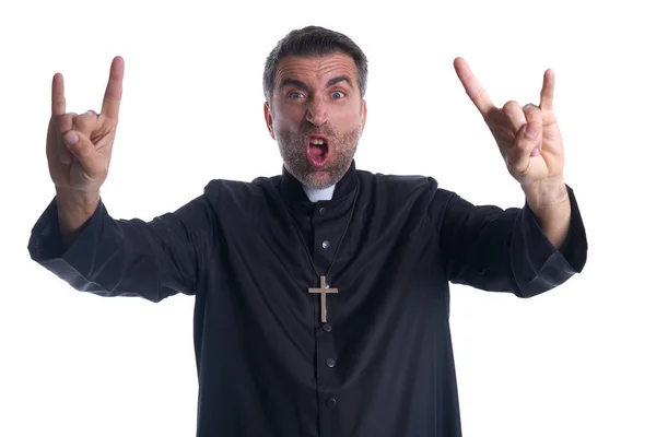 Grappige Gek Priester Rock Symbool Met Vingers Handen Geïsoleerd — Stockfoto
