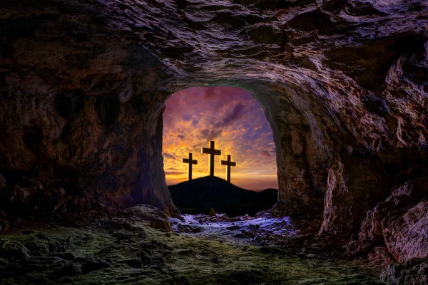 Jesus Ressurreição Sepulcro Grave Cruz Crucificação Conceito Foto Monte — Fotografia de Stock