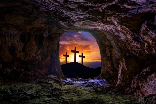 Jesus Resurrection Sepulcher Grave Cross Crucifixion Concept Photo Mount — Stock Photo, Image
