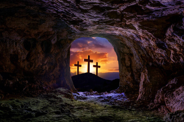 Jesus resurrection sepulcher grave cross crucifixion concept photo mount