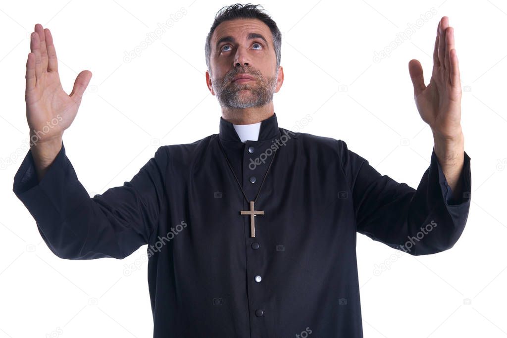 Priest open arms blessing praying God gesture isolated