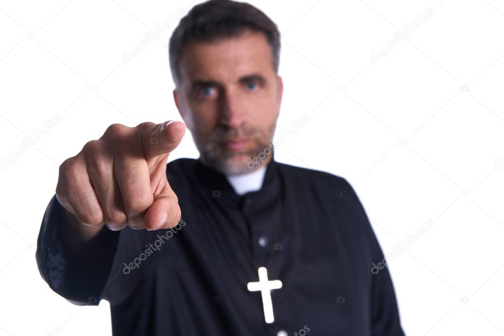 Priest pointing finger front as a blame accusation