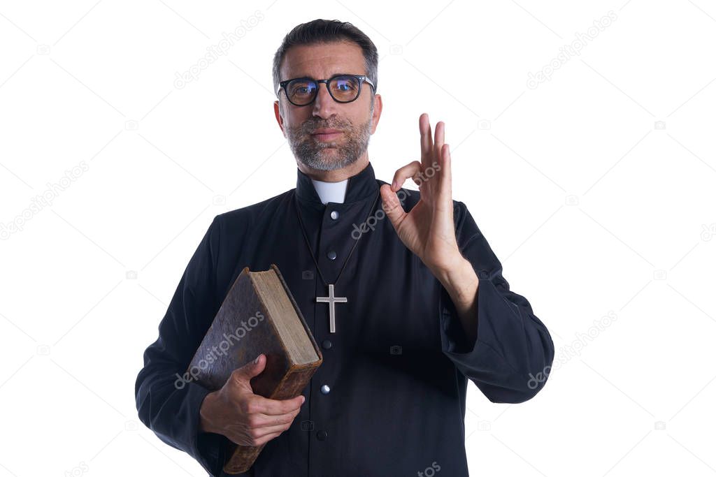 Priest with ok finger hands sign on isolated white background