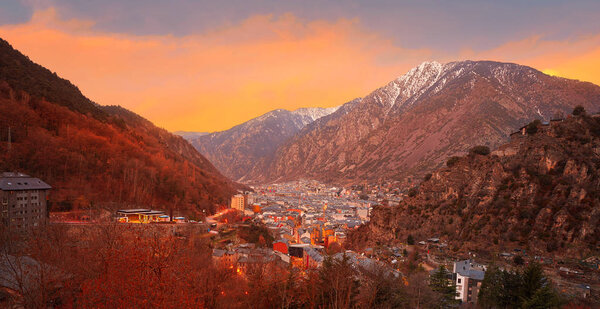 Andorra la Vella skyline at sunset in Pyrenees mountains