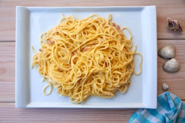 Carbonara İtalyan spagetti makarna pastırma ve krema ile