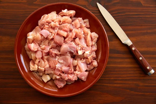 Chopped Chicken Breast Dish Wooden Table — Stock Photo, Image