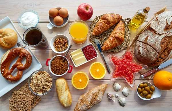 Desayuno Buffet Continental Con Surtido Comida Saludable Café — Foto de Stock