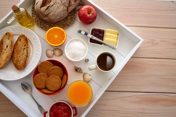 Πρωινό Μπουφέ Ποικιλία Υγιεινών Τροφίμων Και Καφέ — Φωτογραφία Αρχείου