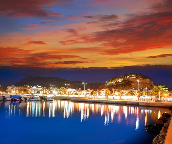 Denia Západ Slunce Hradu Přístavu Alicante Španělsku — Stock fotografie