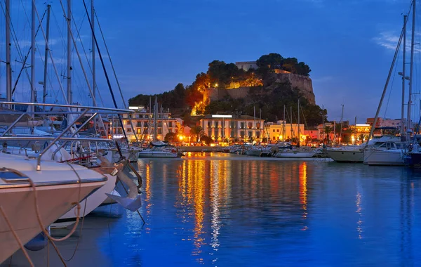 Denia Solnedgången Med Slottet Och Småbåtshamnen Alicante Spanien — Stockfoto