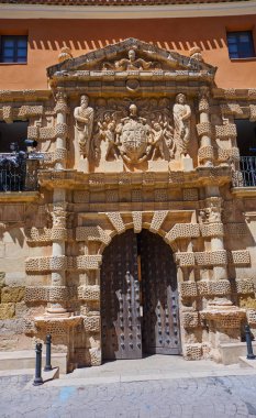 Almansa La Asuncion church in Albacete of Spain at Castile La Mancha province clipart