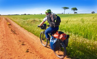 Biker by Camino de Santiago in bicycle at Saint James Way of Levante of Spain