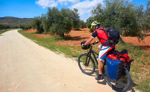 Biker Pilgrim Castilla Mancha Saint James Väg Spanien Camino Santiago — Stockfoto