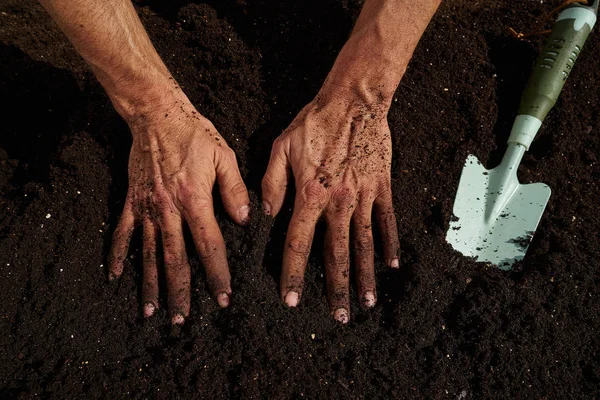 Çiftçi Adam Ellerini Kirli Kentsel Bahçe Orchard Terkedilemeyen Üzerinde — Stok fotoğraf