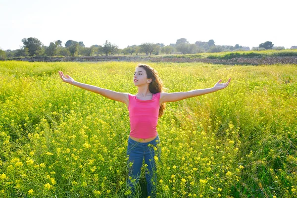 春の草原のブルネットの両手を広げて幸せな十代の少女 — ストック写真