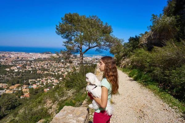 Meisje Maken Huisdier Hond Kijken Luchtfoto Van Het Denia Alicante — Stockfoto