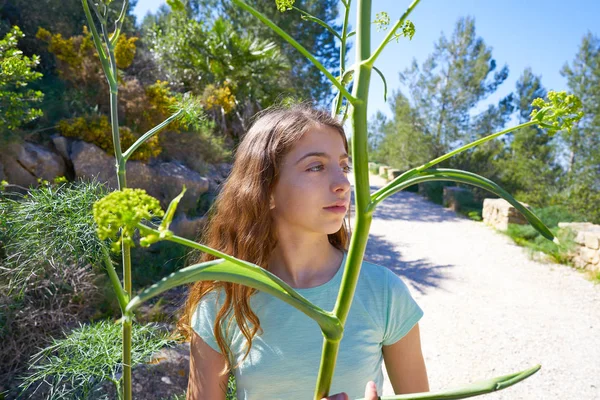 フェンネルの植物と地中海でブルネットの 代少女を追跡します — ストック写真