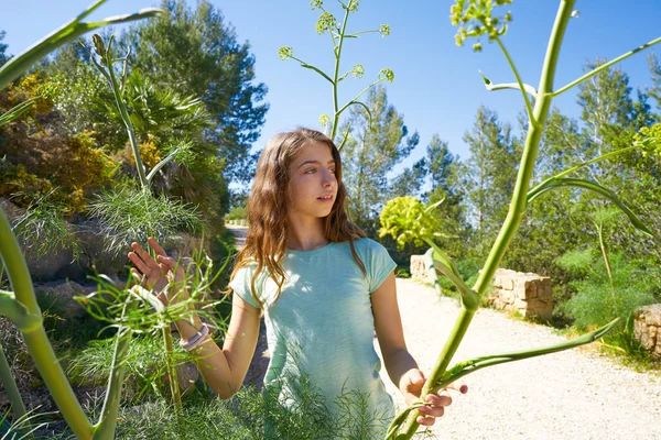 フェンネルの植物と地中海でブルネットの 代少女を追跡します — ストック写真