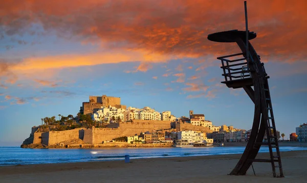 Peniscola Skyline Kasteel Strand Zonsondergang Castellon Van Spanje — Stockfoto