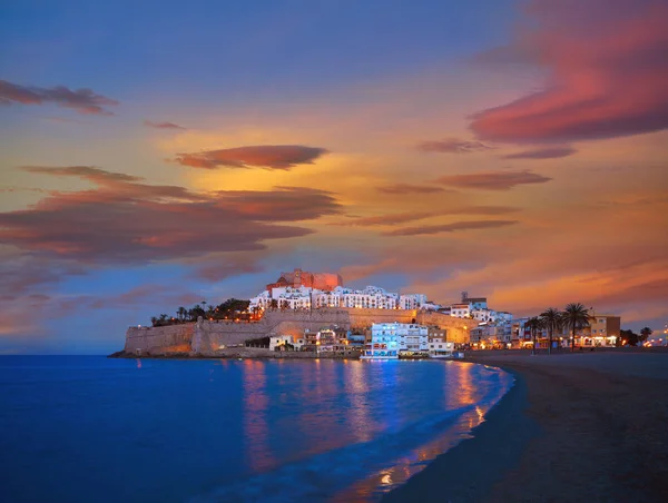 Peniscola Skyline Kasteel Strand Zonsondergang Castellon Van Spanje — Stockfoto