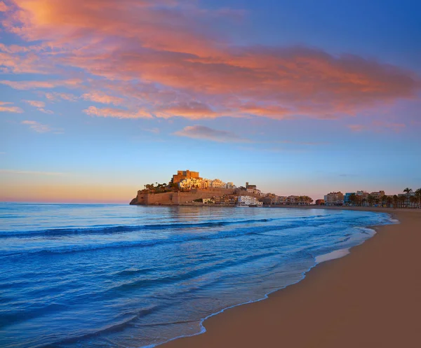 Peniscola Panorama Hrad Pláž Západ Slunce Castellon Španělska — Stock fotografie