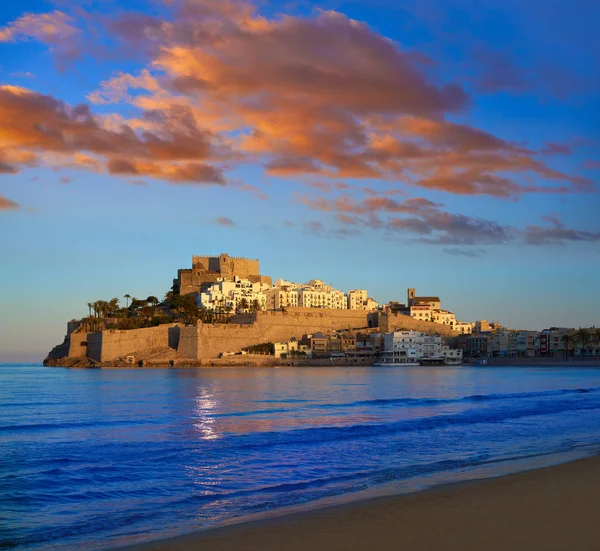 Skyline Von Peniscola Und Sonnenuntergang Burgstrand Castellon Von Spanien — Stockfoto