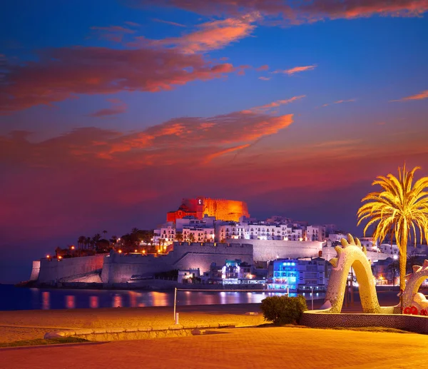 Peniscola Skyline Kasteel Strand Zonsondergang Castellon Van Spanje — Stockfoto