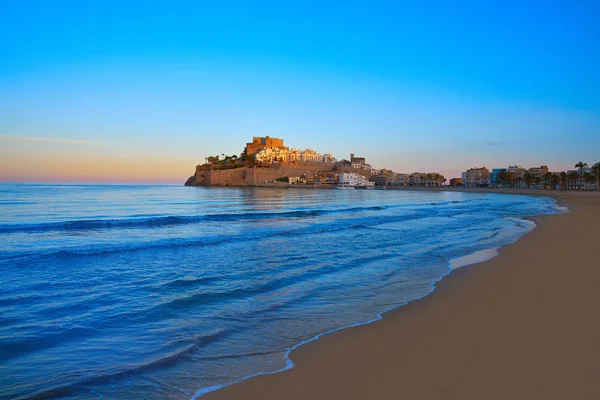 Peniscola Skyline Och Slott Strand Solnedgång Castellon Spanien — Stockfoto