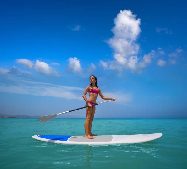 Girl Standing Paddle Surf Board Sup Summer — Stock Photo, Image