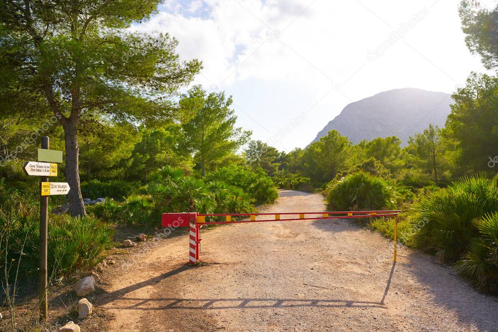 Climb to Montgo mountain track road sign in Javea Denia of Alicante in Spain