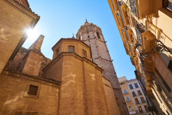 Valencia Plaza Virgen Meydanı Miguelete Kulesi Katedrali Spanya — Stok fotoğraf