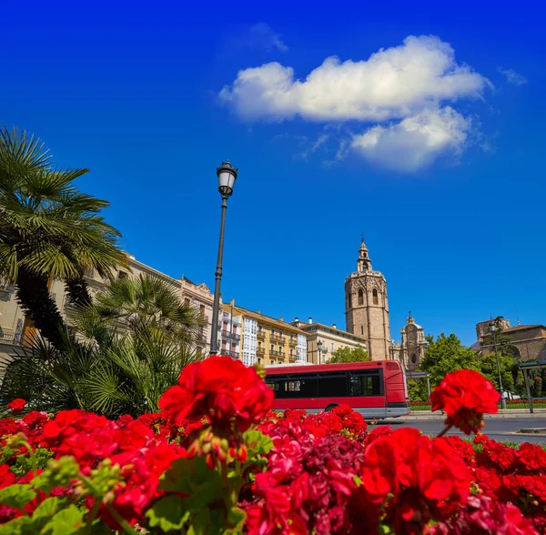 バレンシア広場 Valencia Plaza Reina Square Miguelete スペインのミカレット塔赤花 — ストック写真