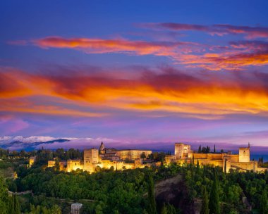 Albaicin Granada, İspanya görünümünden Alhambra günbatımı