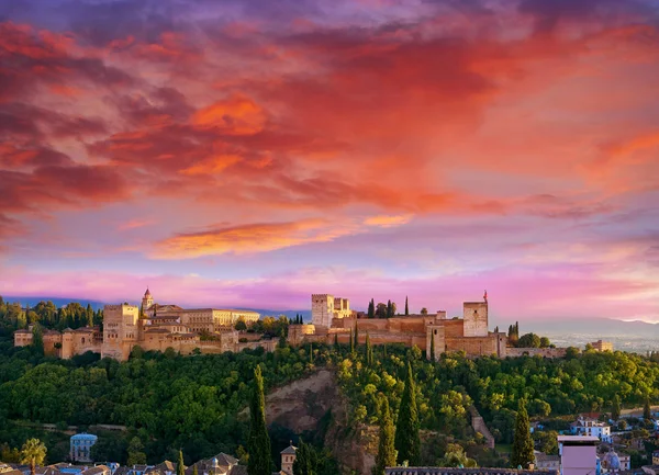 Puesta Sol Alhambra Granada Desde Albaicín —  Fotos de Stock