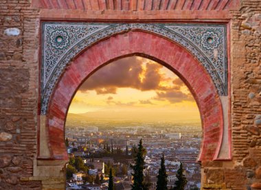 Alhambra arch illustration with Granada sunset skyline photo mount clipart