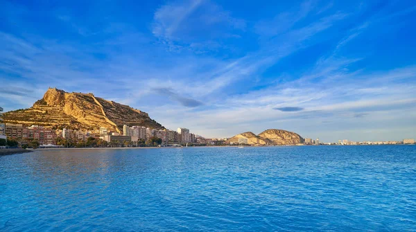 Alicante Panoramę Miasta Zachodzie Słońca Plaży Postiguet Hiszpanii — Zdjęcie stockowe