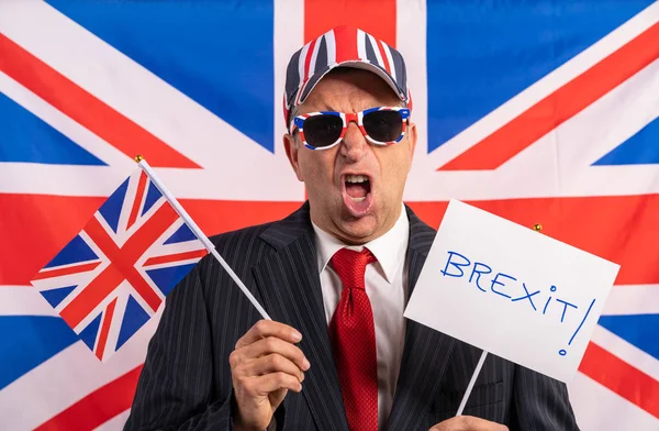 Brit férfi üzletember Brexit banner — Stock Fotó