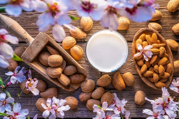 Almond spring blossom harvest on wood