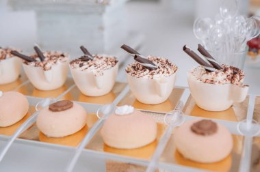 Taze, egzotik, organik meyveler, açık büfe masasında hafif atıştırmalıklar. Mini yemekler, abur cuburlar, etkinliklerde restoran yemekleri. Parti malzemeleri için dekore edilmiş nefis bir masa. Kekler ve brovniler açık büfe masasının üzerinde duruyor.