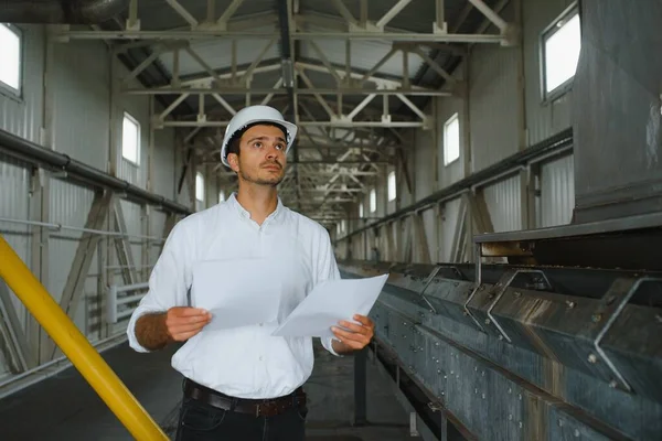 A young successful engineer with a drawing in his hands is standing in the territory of a modern factory.