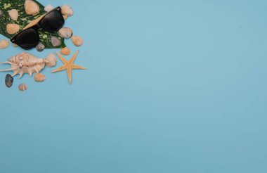 Plaj aksesuarları. Havlu, parmak arası terlik, denizyıldızı, tahta arka planda tekne ve güneş gözlüğü. Kopyalama alanı olan üst görünüm. Güneşli tonlu