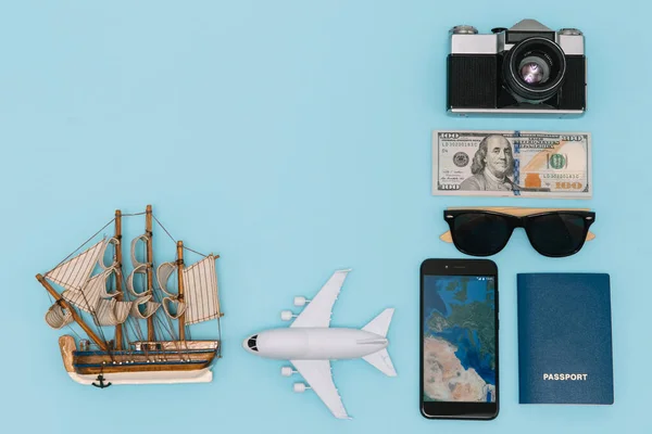 Preparation Traveling Concept Watch Airplane Money Passport Pencils Book Photo — Stock Photo, Image