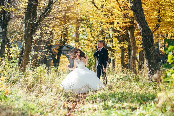Vőlegény Megöleli Nevető Menyasszonyát Green Parkban Esküvő — Stock Fotó
