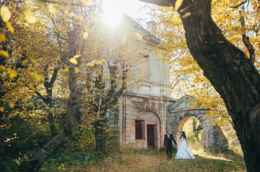 Mutlu gelin ve damadın güneş ışığı portresi gün batımında doğa alanında. Sıcak yaz zamanı. Güzel bir buket çiçekleri olan mutlu bir çift. Düğün fotoğrafı. Birbirine aşık bir çift. Sonbahar düğünü.