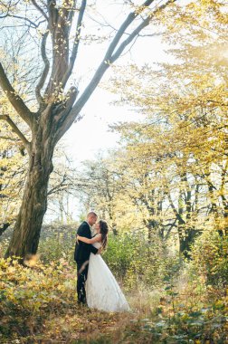 Mutlu gelin ve damadın güneş ışığı portresi gün batımında doğa alanında. Sıcak yaz zamanı. Güzel bir buket çiçekleri olan mutlu bir çift. Düğün fotoğrafı. Birbirine aşık bir çift. Sonbahar düğünü.