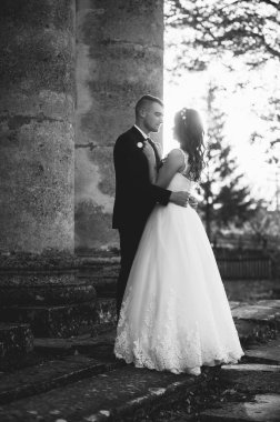 Mutlu gelin ve damadın güneş ışığı portresi gün batımında doğa alanında. Sıcak yaz zamanı. Güzel bir buket çiçekleri olan mutlu bir çift. Düğün fotoğrafı. Birbirine aşık bir çift. Sonbahar düğünü.