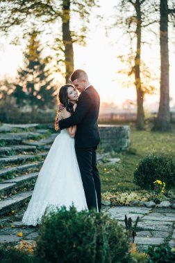 Parktaki gelin ve damat öpüşüyor. Doğadaki bir düğünde gelin ve damat öpüşüyor. Düğün çifti.