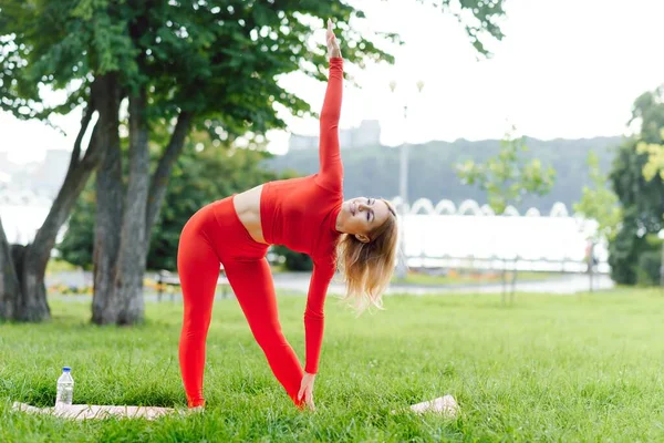 Entrenamiento Femenino Joven Antes Sesión Entrenamiento Físico Parque Una Joven —  Fotos de Stock